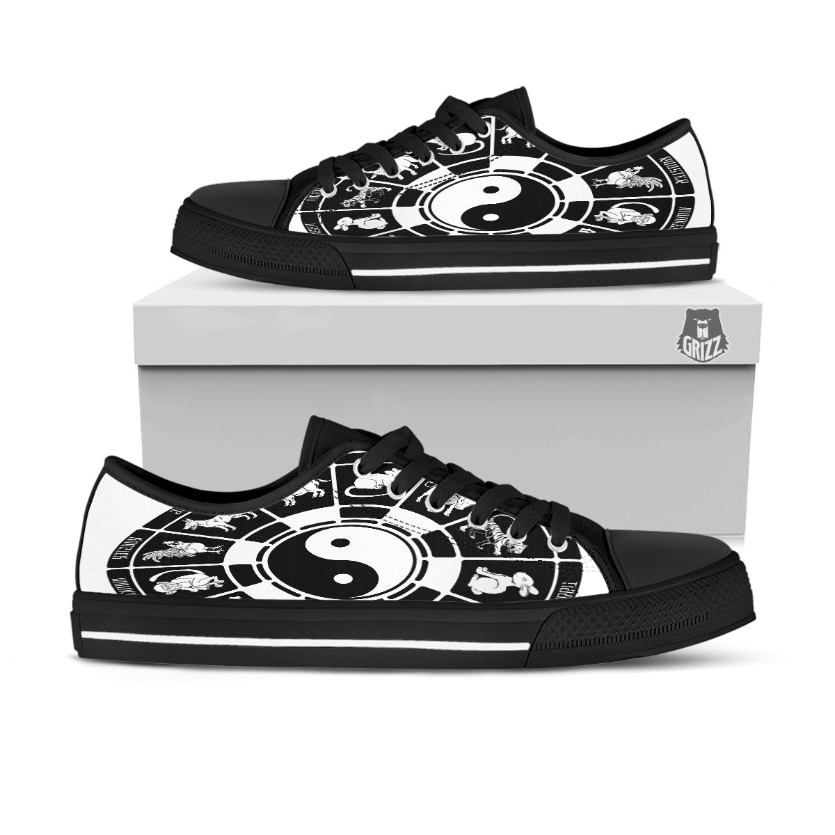 Chinese Zodiac White And Black Print Black Low Top Shoes-grizzshop