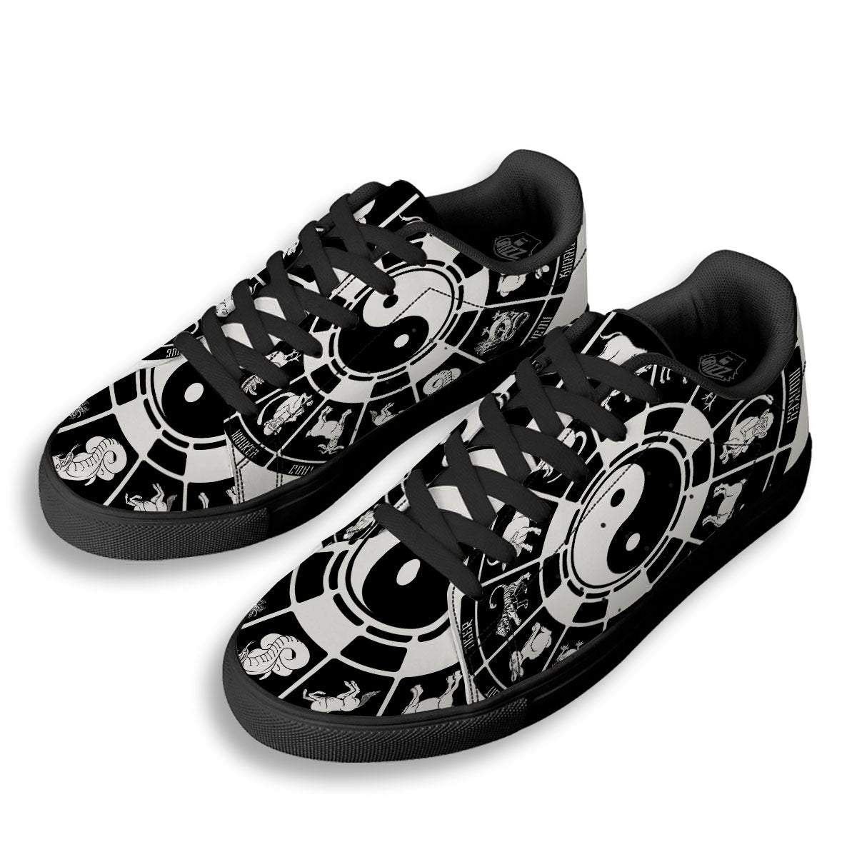 Chinese Zodiac White And Black Print Black Low Top Sneakers-grizzshop