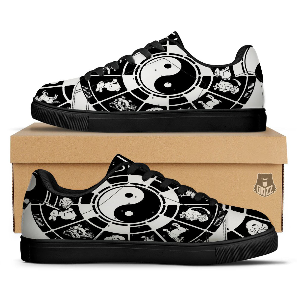 Chinese Zodiac White And Black Print Black Low Top Sneakers-grizzshop