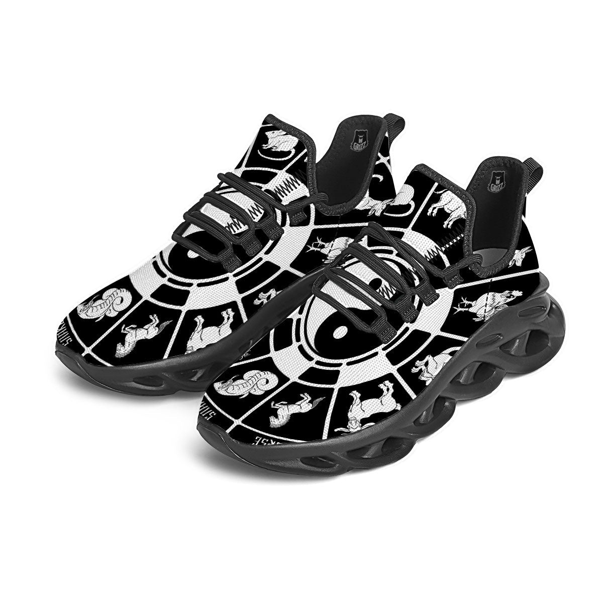 Chinese Zodiac White And Black Print Black Running Shoes-grizzshop