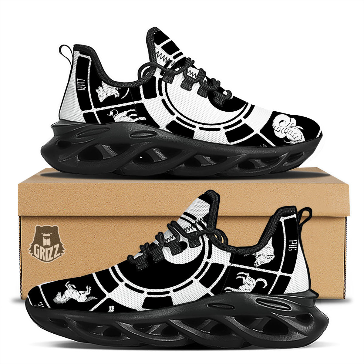 Chinese Zodiac White And Black Print Black Running Shoes-grizzshop