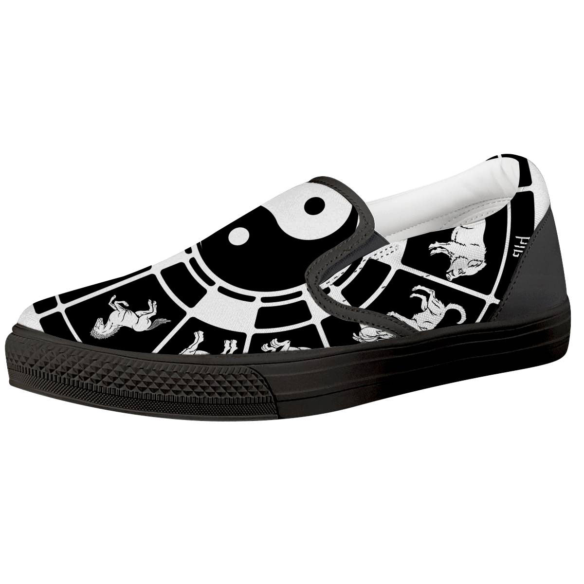 Chinese Zodiac White And Black Print Black Slip On Shoes-grizzshop