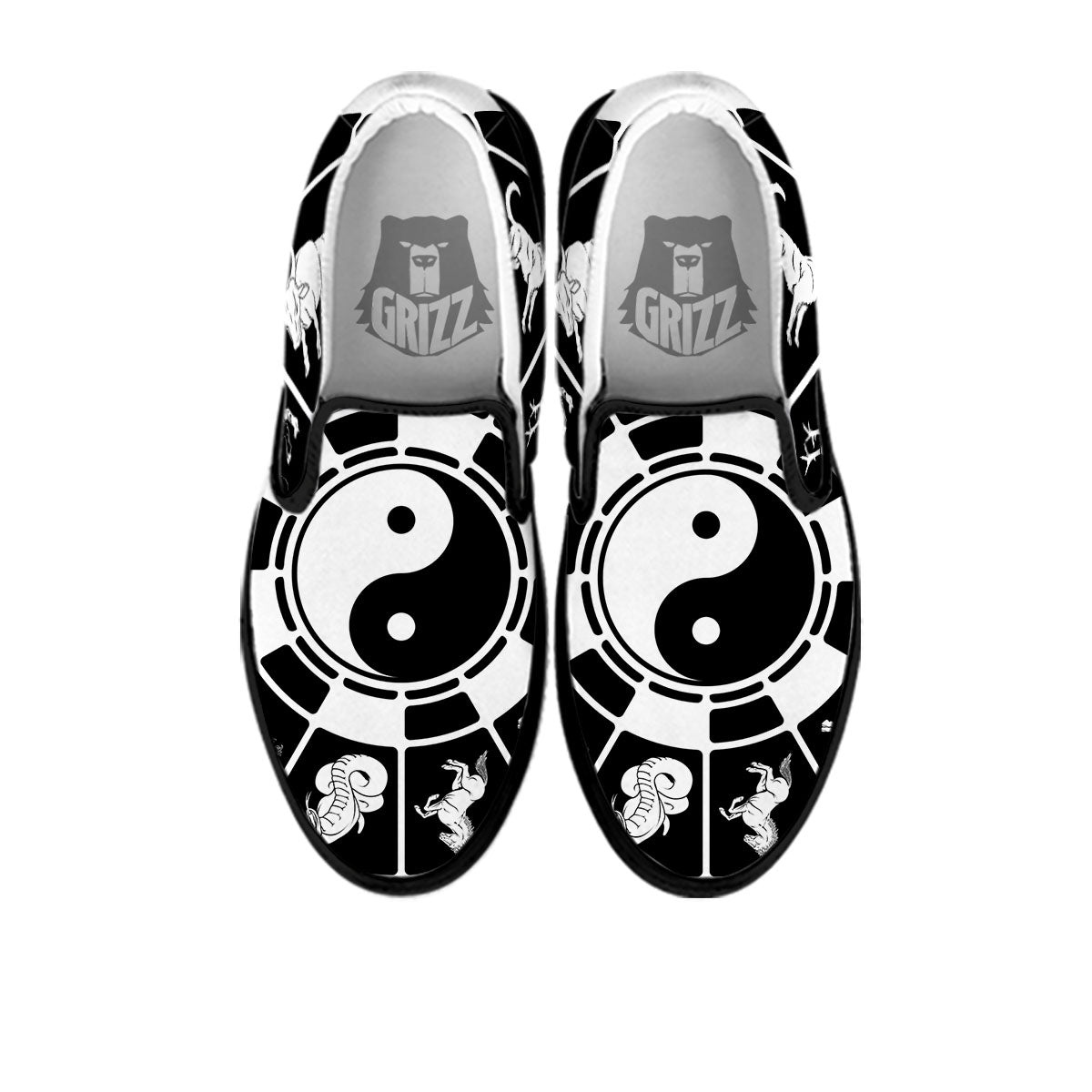 Chinese Zodiac White And Black Print Black Slip On Shoes-grizzshop