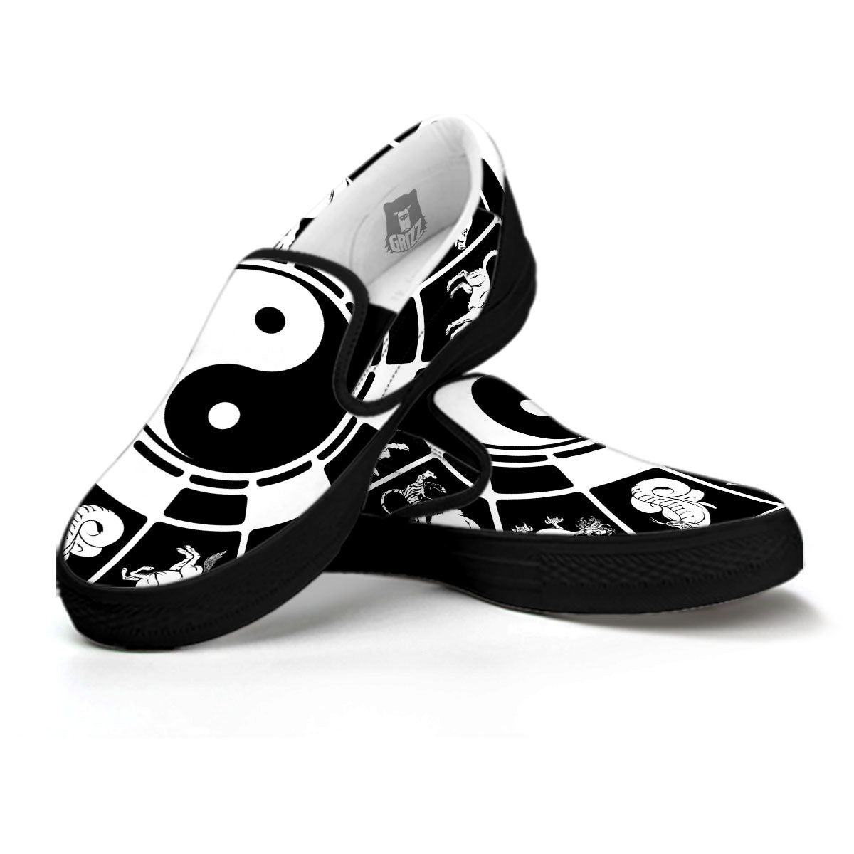 Chinese Zodiac White And Black Print Black Slip On Shoes-grizzshop