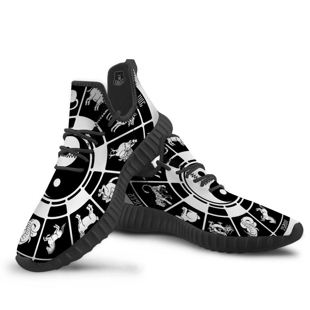 Chinese Zodiac White And Black Print Black Walking Shoes-grizzshop