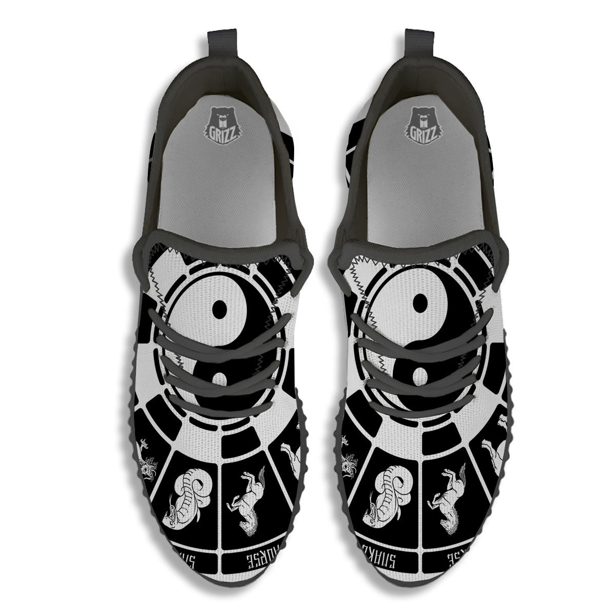 Chinese Zodiac White And Black Print Black Walking Shoes-grizzshop