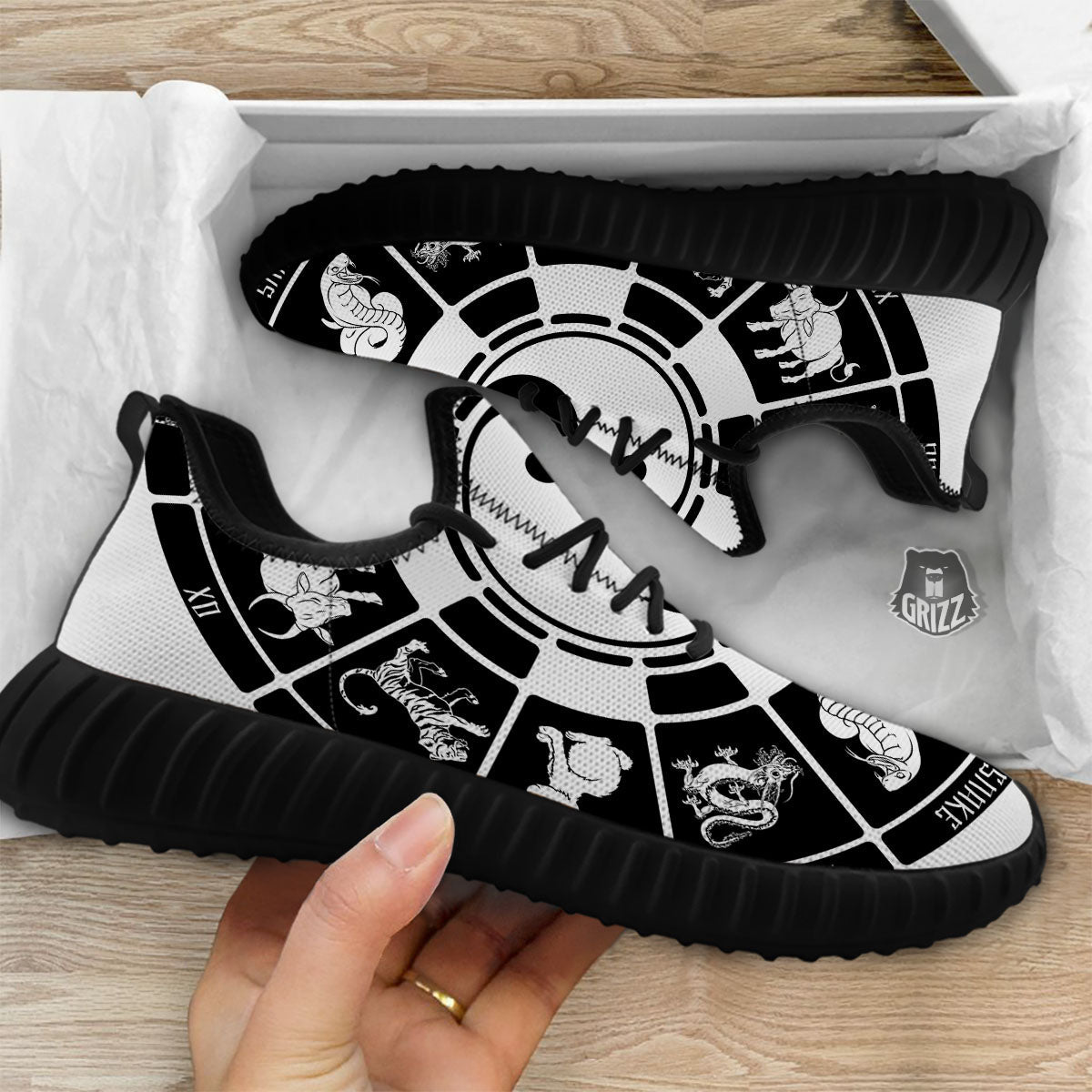 Chinese Zodiac White And Black Print Black Walking Shoes-grizzshop