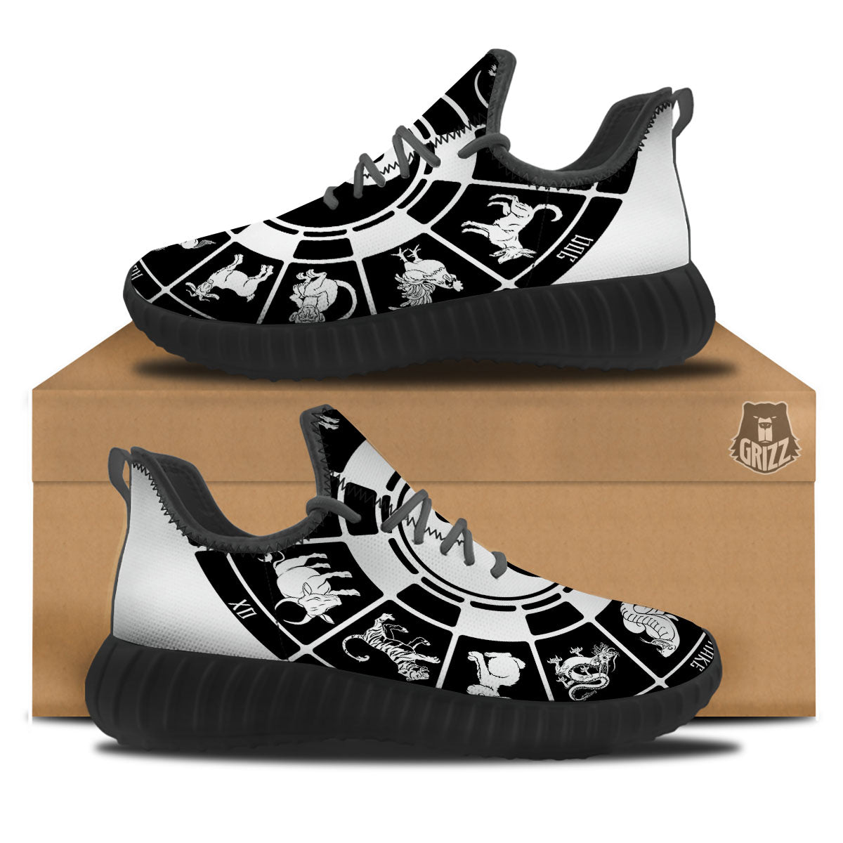 Chinese Zodiac White And Black Print Black Walking Shoes-grizzshop