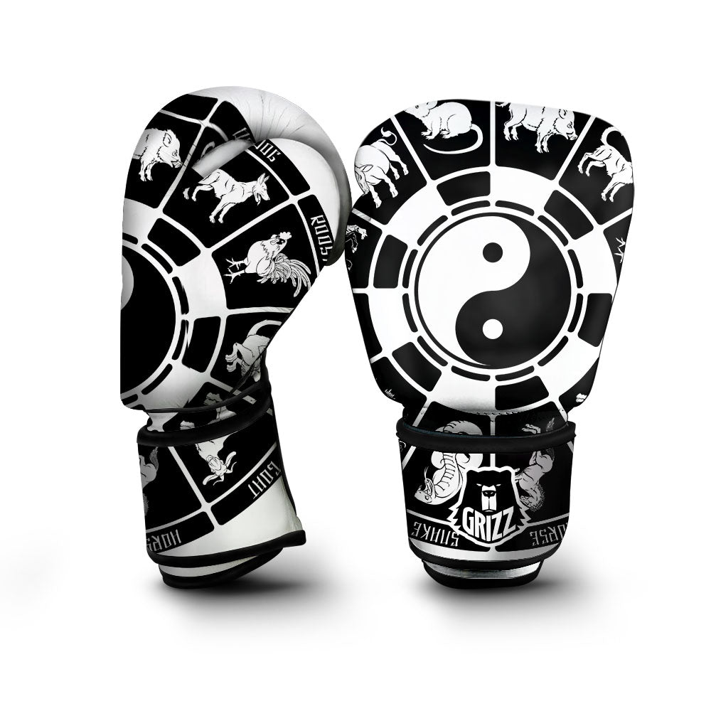 Chinese Zodiac White And Black Print Boxing Gloves-grizzshop