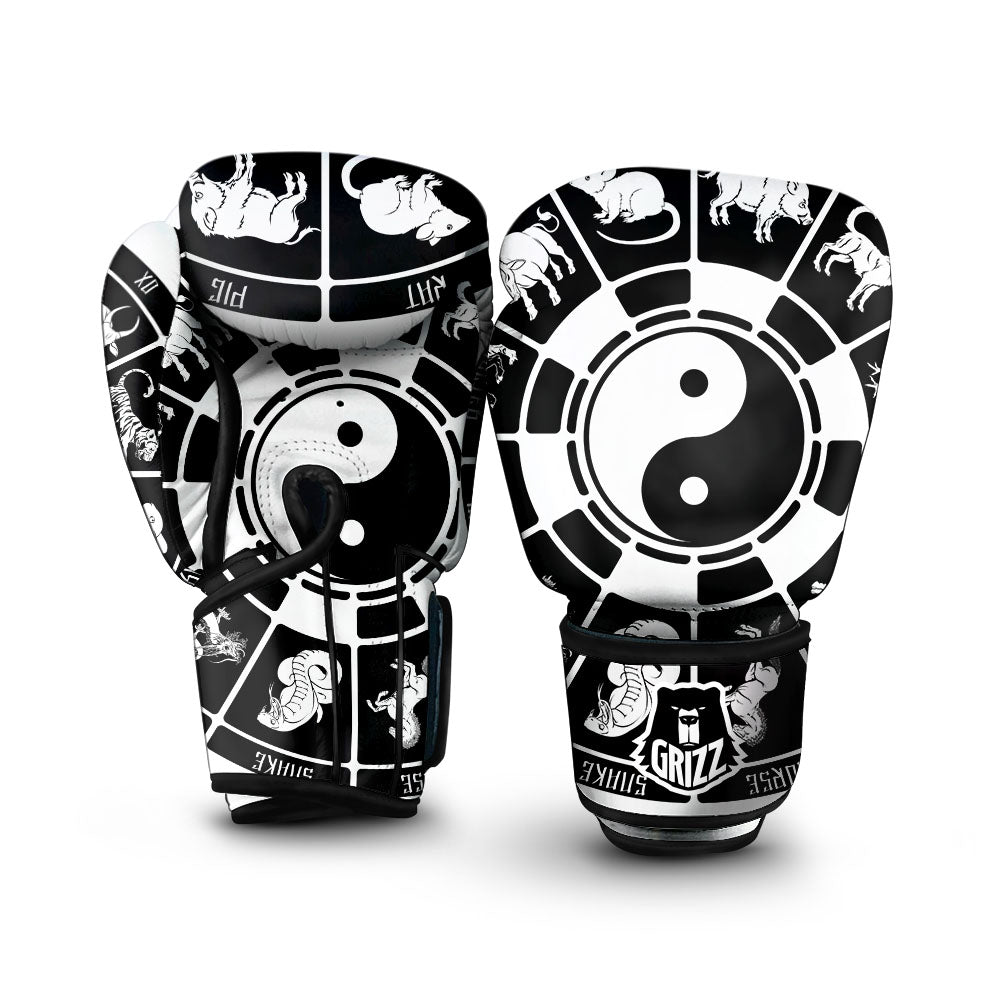 Chinese Zodiac White And Black Print Boxing Gloves-grizzshop