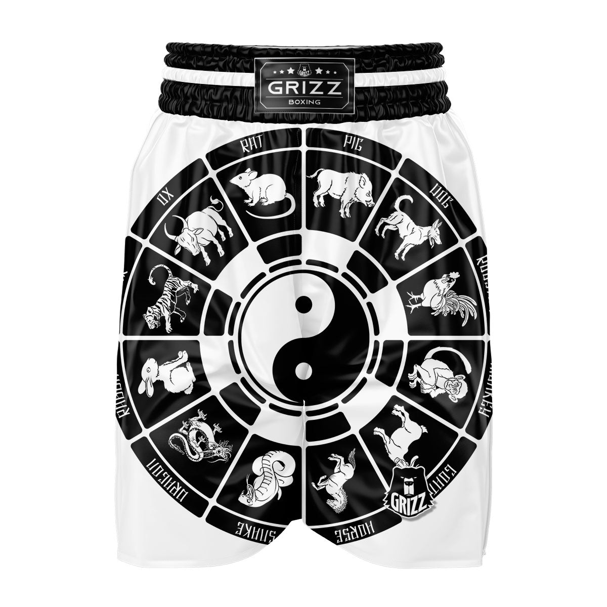 Chinese Zodiac White And Black Print Boxing Shorts-grizzshop
