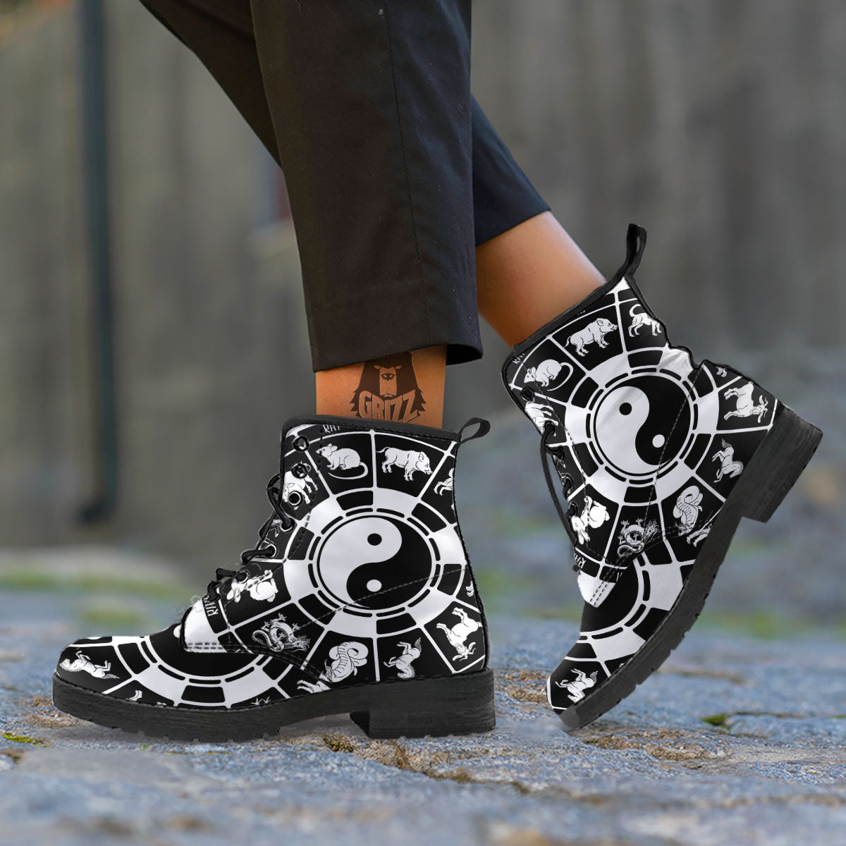 Chinese Zodiac White And Black Print Leather Boots-grizzshop