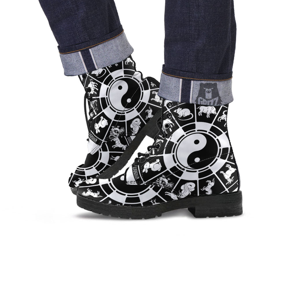 Chinese Zodiac White And Black Print Leather Boots-grizzshop