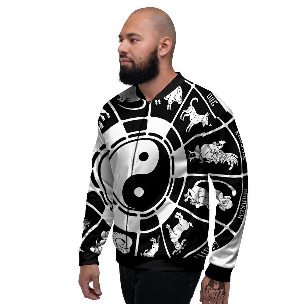 Chinese Zodiac White And Black Print Men's Bomber Jacket-grizzshop