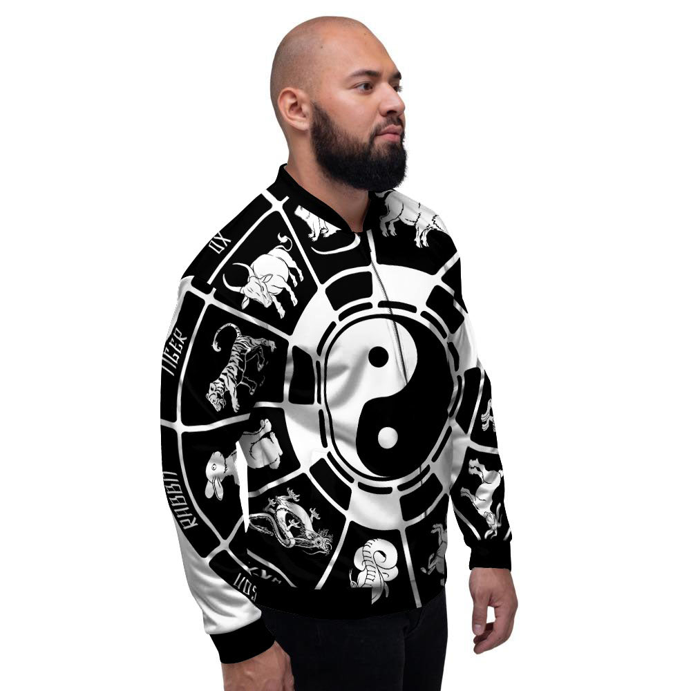 Chinese Zodiac White And Black Print Men's Bomber Jacket-grizzshop