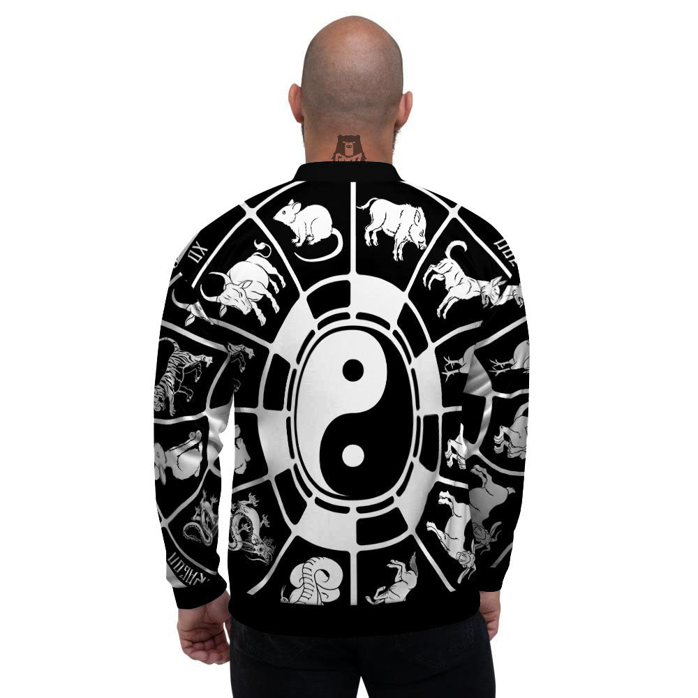 Chinese Zodiac White And Black Print Men's Bomber Jacket-grizzshop