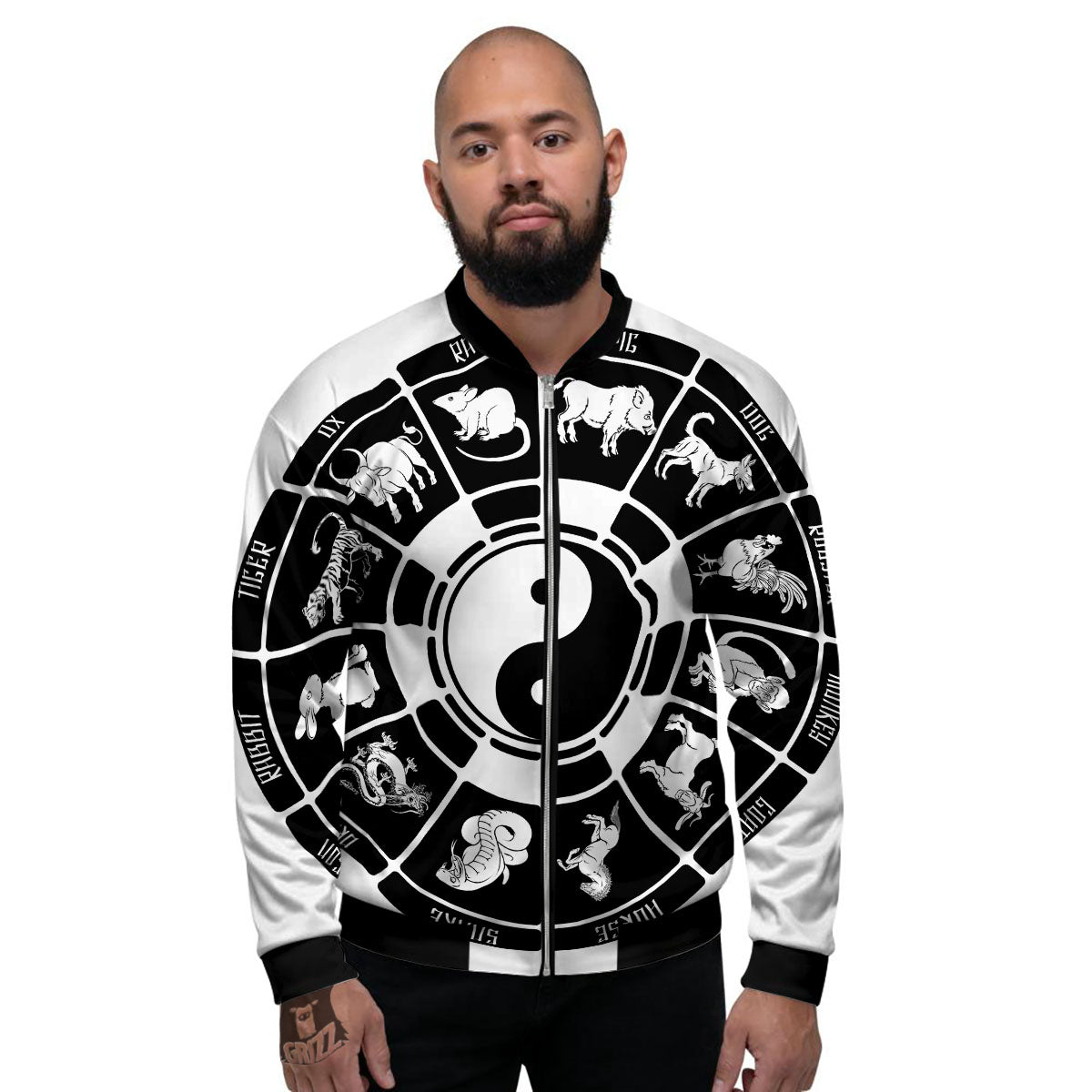 Chinese Zodiac White And Black Print Men's Bomber Jacket-grizzshop