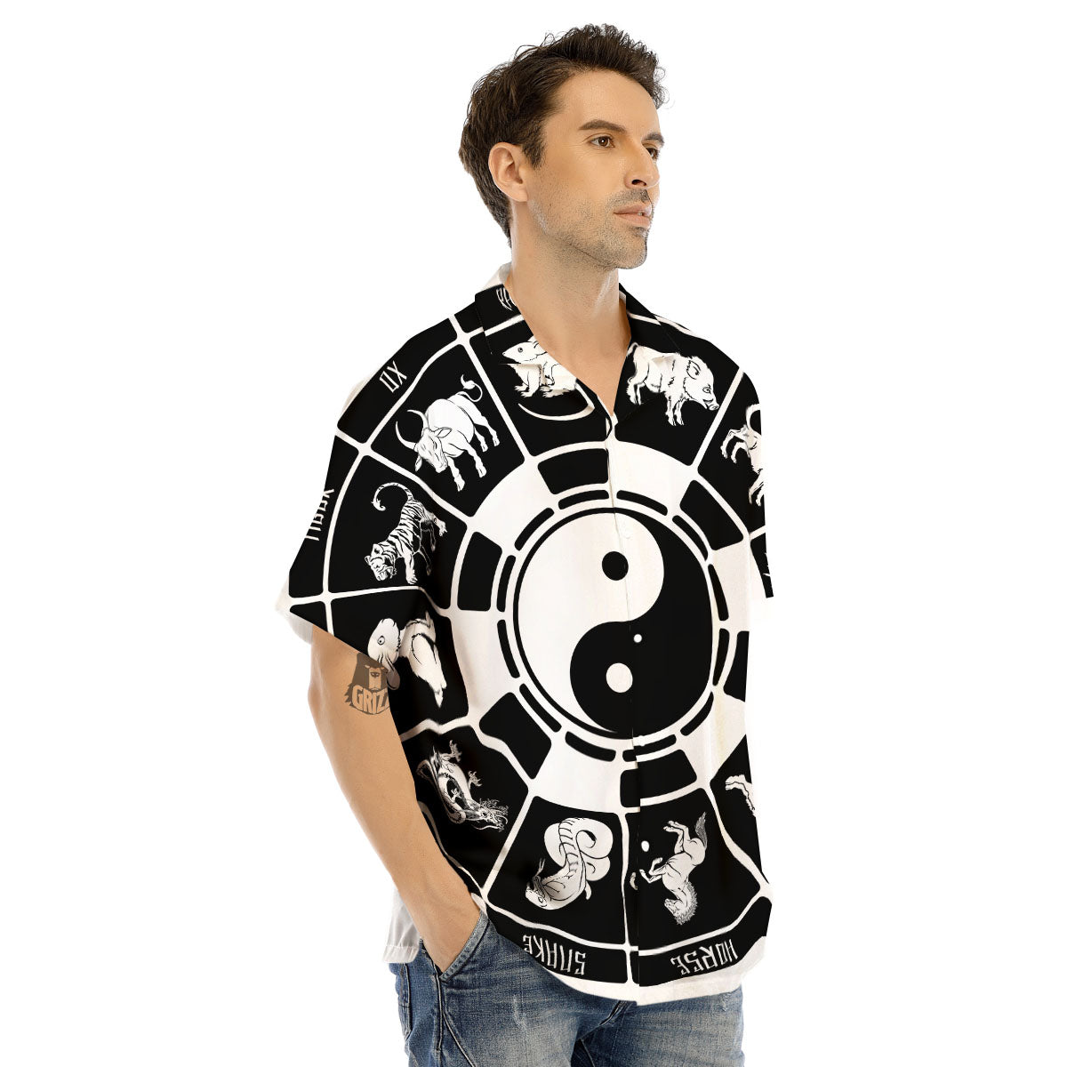 Chinese Zodiac White And Black Print Men's Hawaiian Shirt-grizzshop