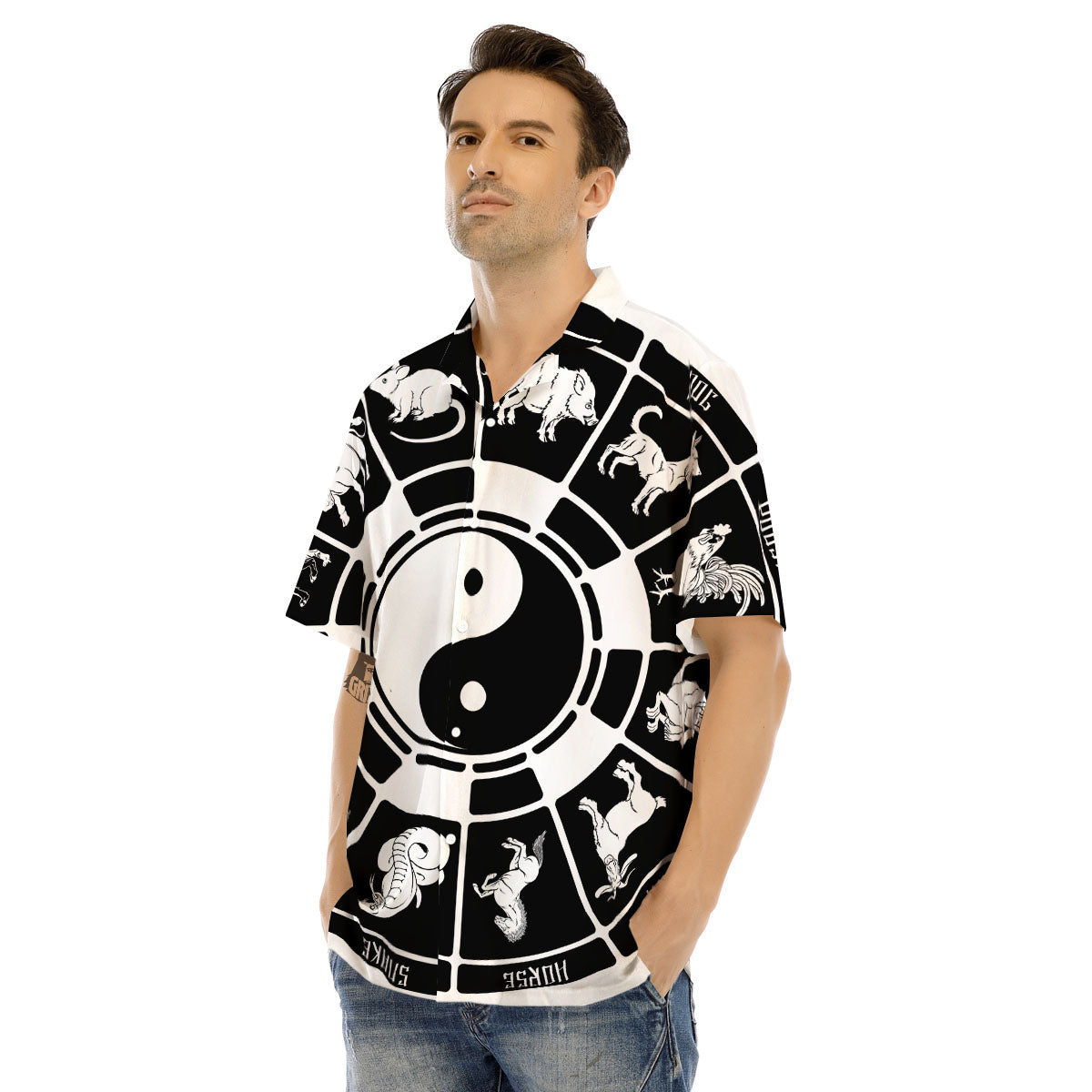Chinese Zodiac White And Black Print Men's Hawaiian Shirt-grizzshop