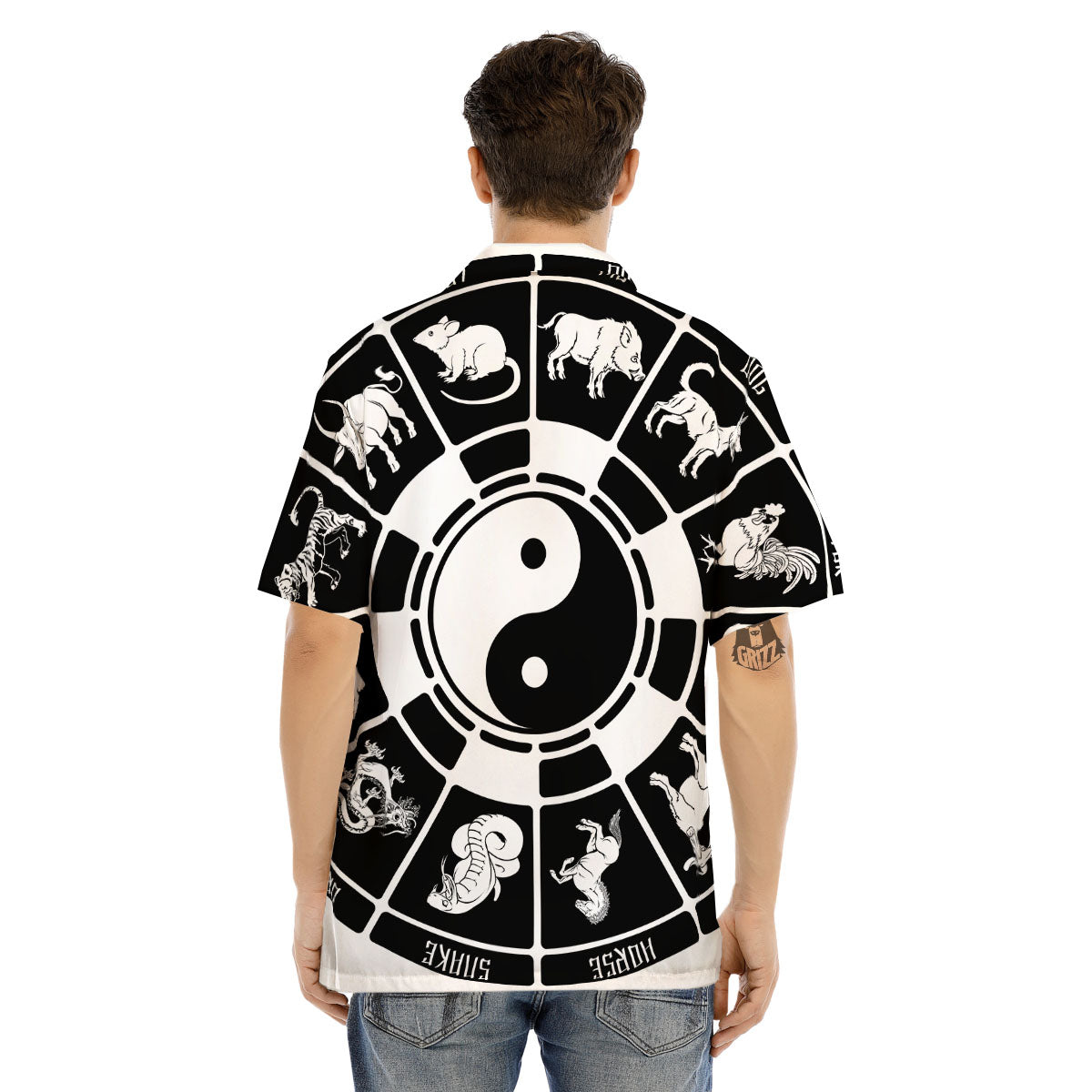 Chinese Zodiac White And Black Print Men's Hawaiian Shirt-grizzshop