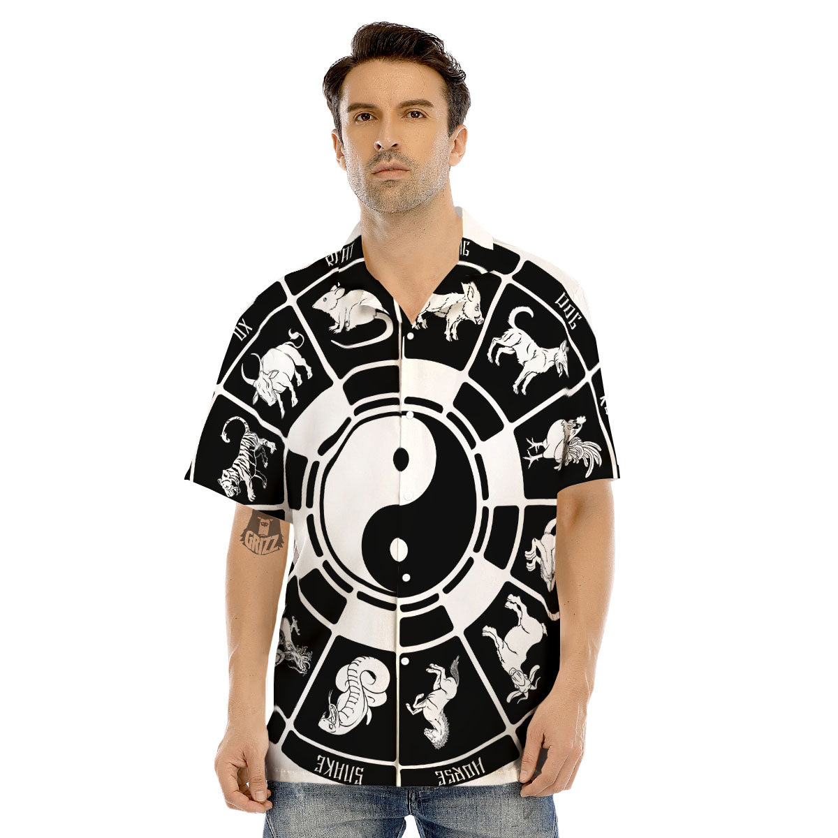 Chinese Zodiac White And Black Print Men's Hawaiian Shirt-grizzshop