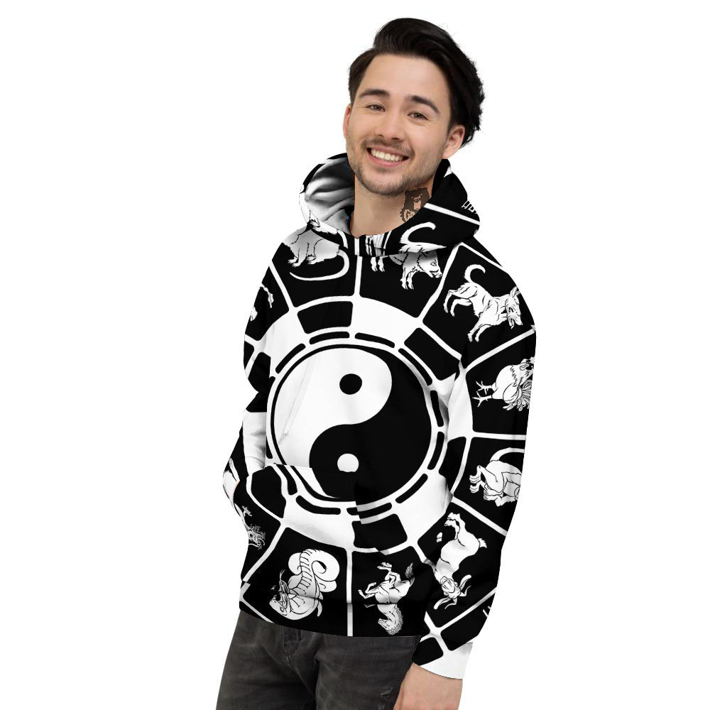 Chinese Zodiac White And Black Print Men's Hoodie-grizzshop