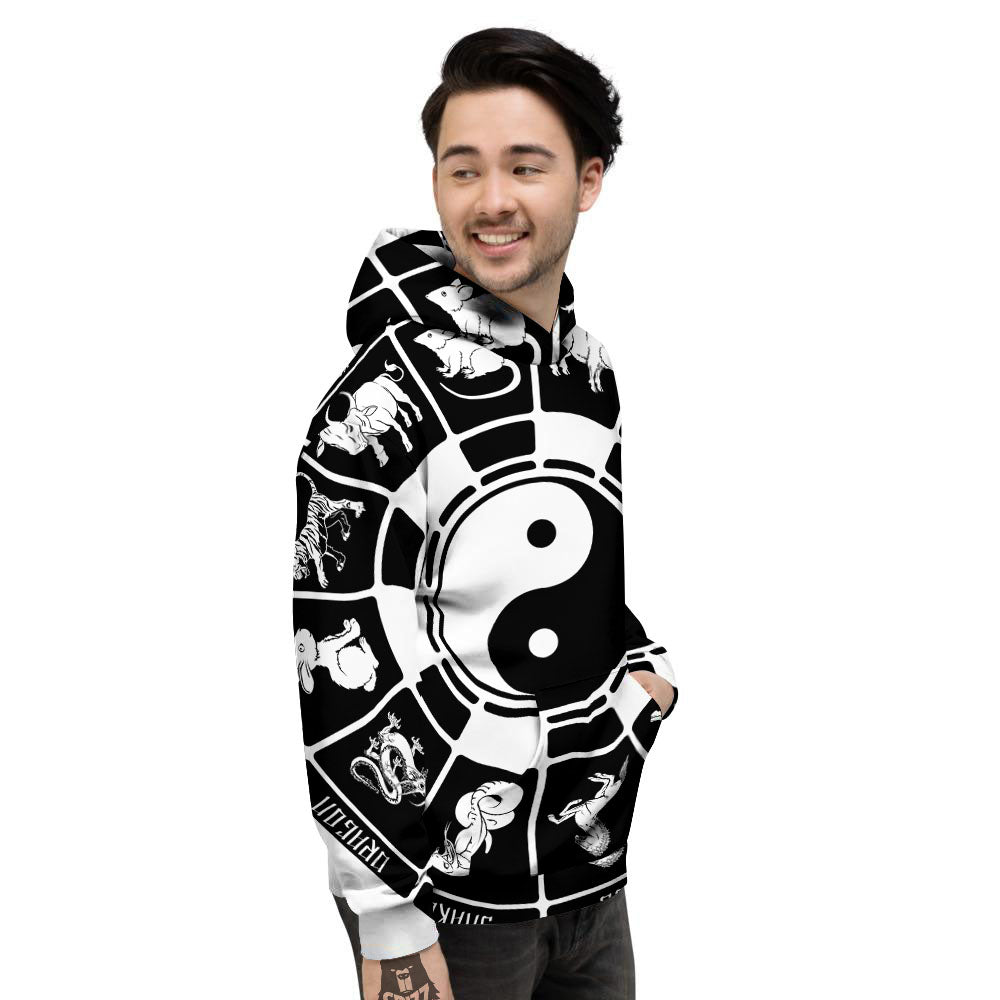 Chinese Zodiac White And Black Print Men's Hoodie-grizzshop