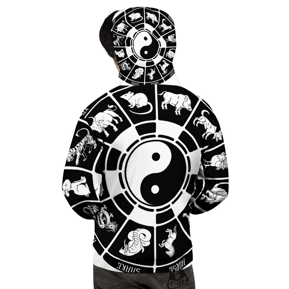 Chinese Zodiac White And Black Print Men's Hoodie-grizzshop