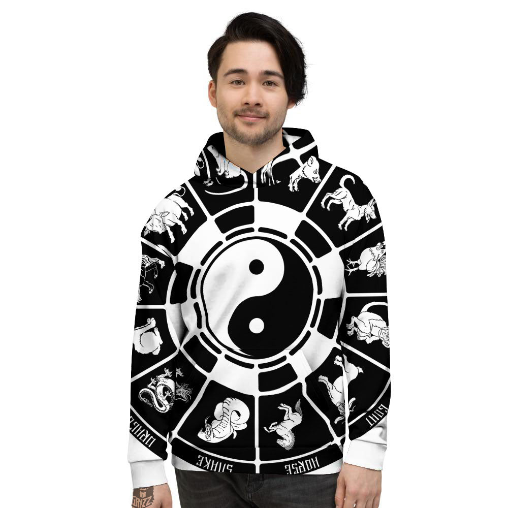 Chinese Zodiac White And Black Print Men's Hoodie-grizzshop