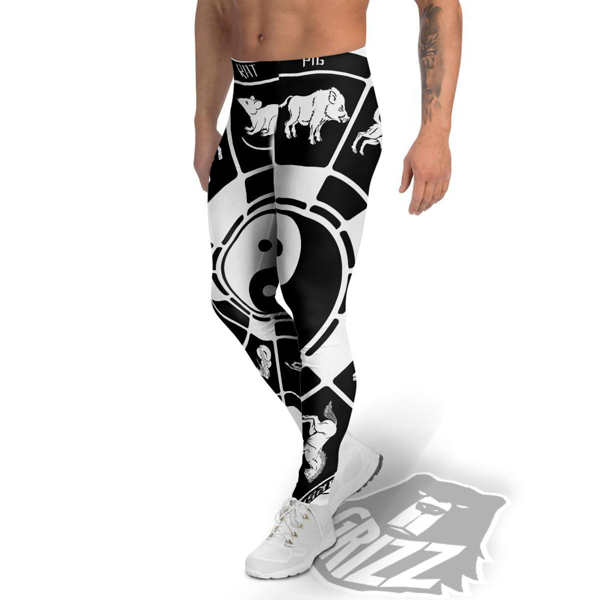 Chinese Zodiac White And Black Print Men's Leggings-grizzshop