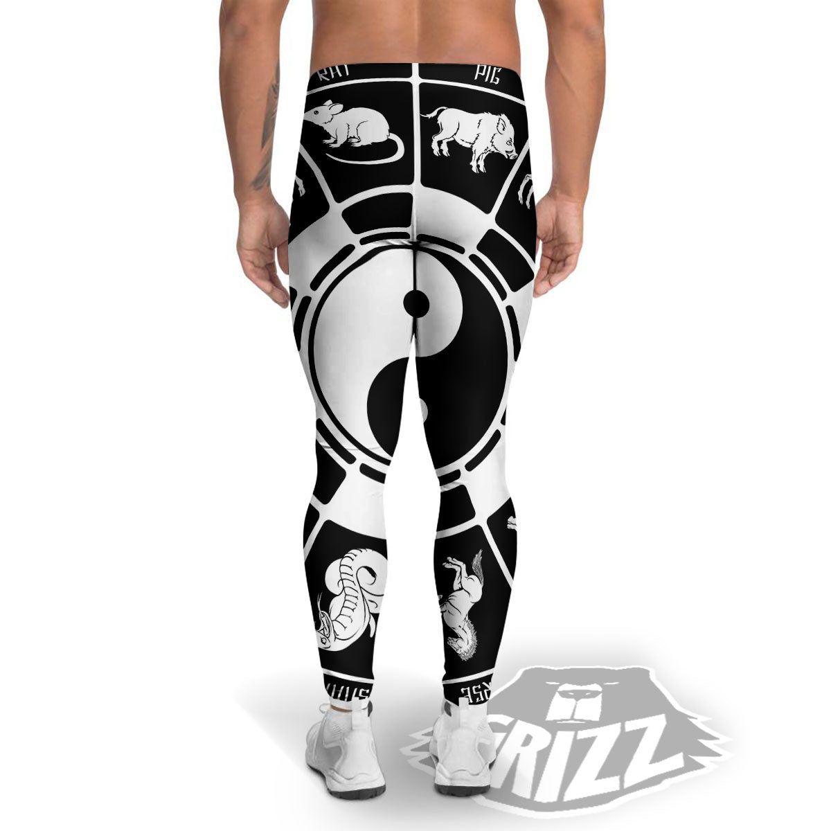 Chinese Zodiac White And Black Print Men's Leggings-grizzshop