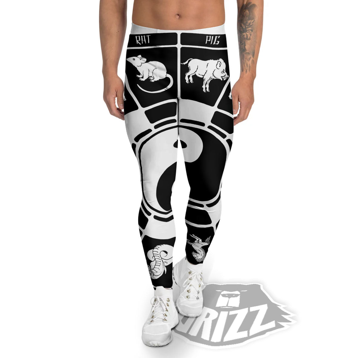 Chinese Zodiac White And Black Print Men's Leggings-grizzshop