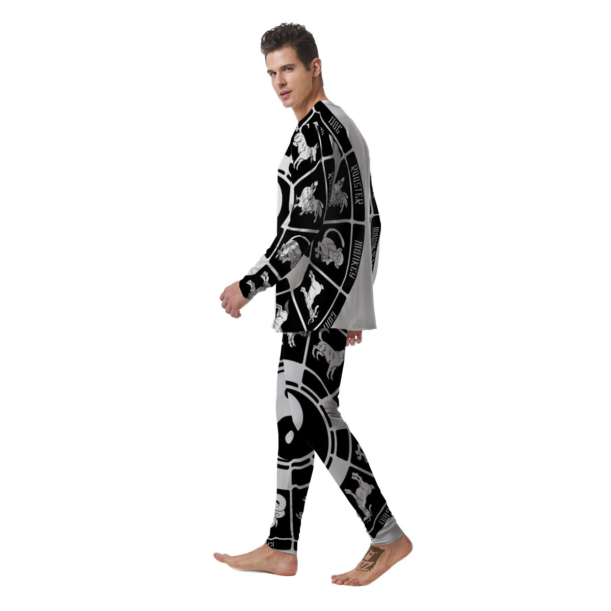 Chinese Zodiac White And Black Print Men's Pajamas-grizzshop