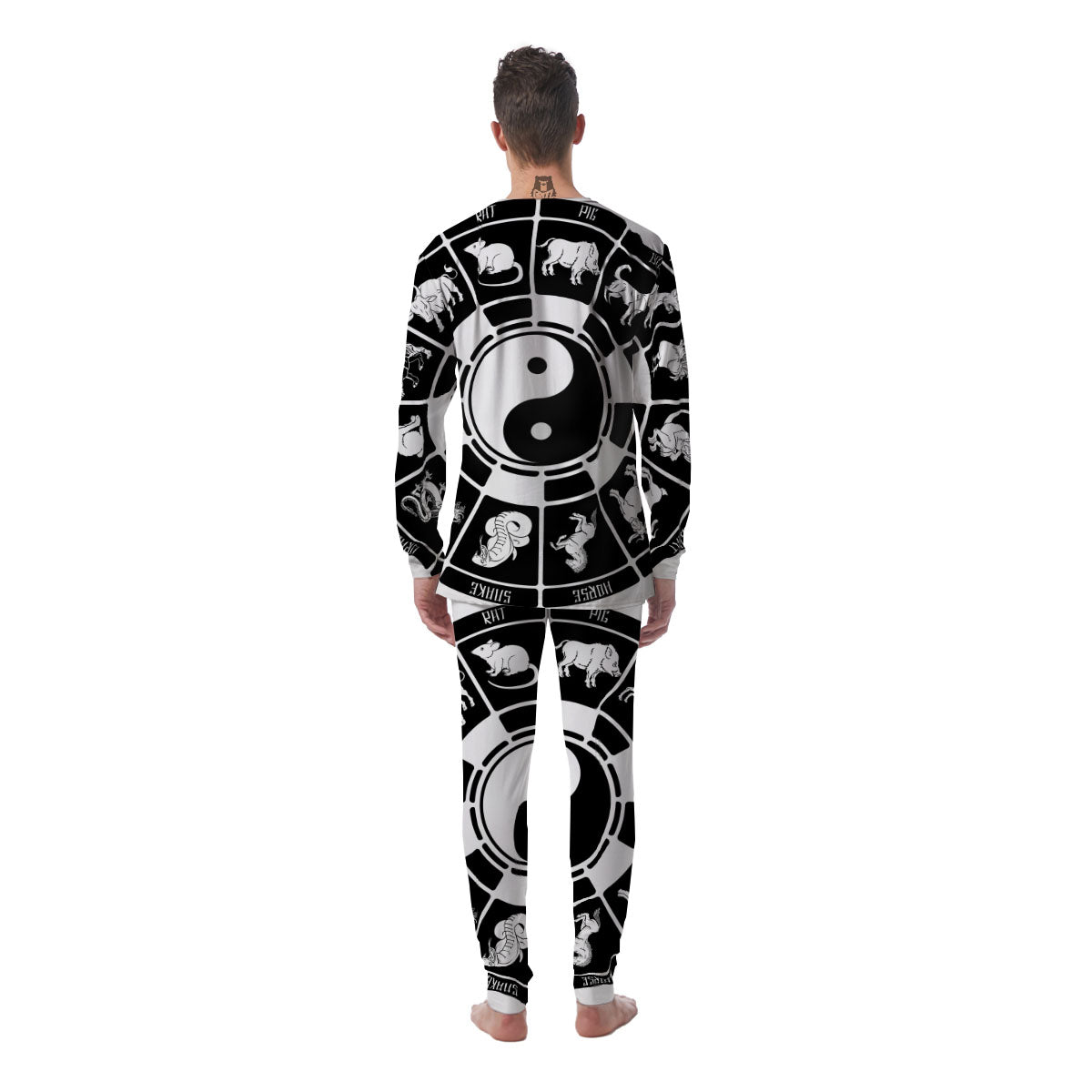 Chinese Zodiac White And Black Print Men's Pajamas-grizzshop