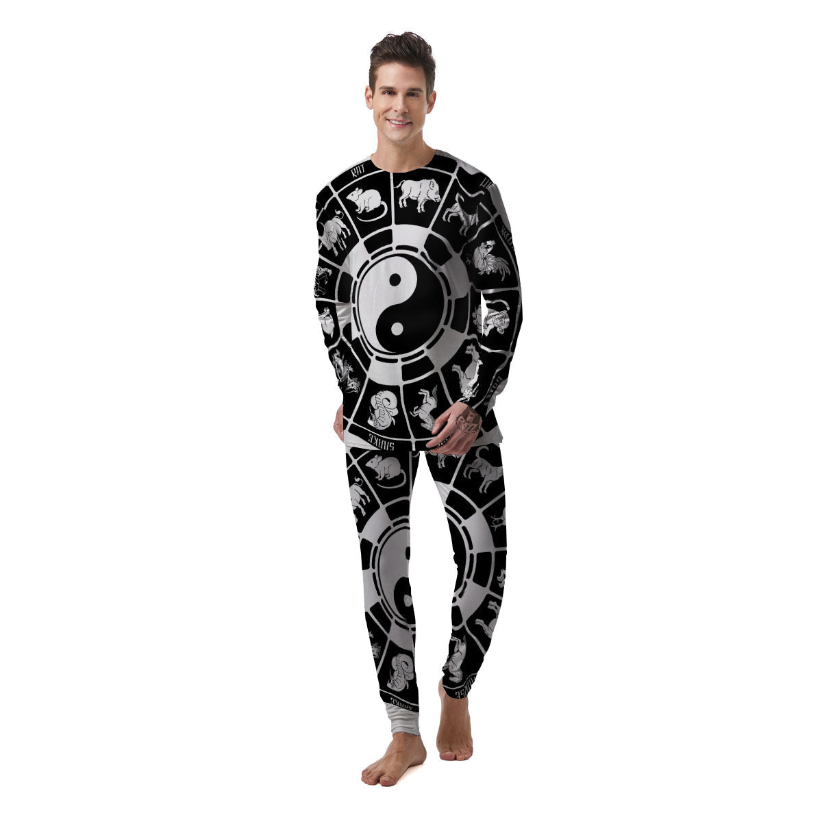 Chinese Zodiac White And Black Print Men's Pajamas-grizzshop