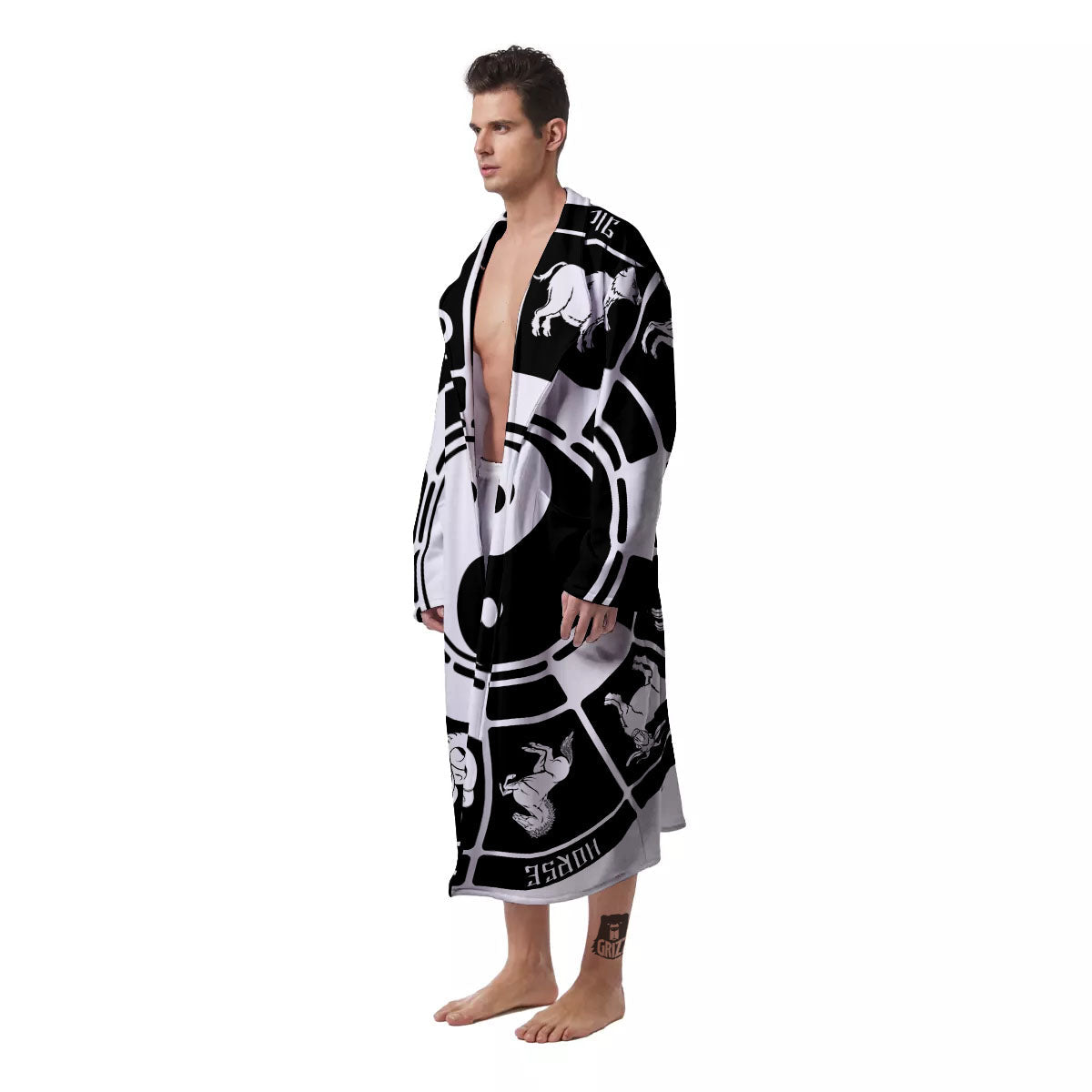 Chinese Zodiac White And Black Print Men's Robe-grizzshop