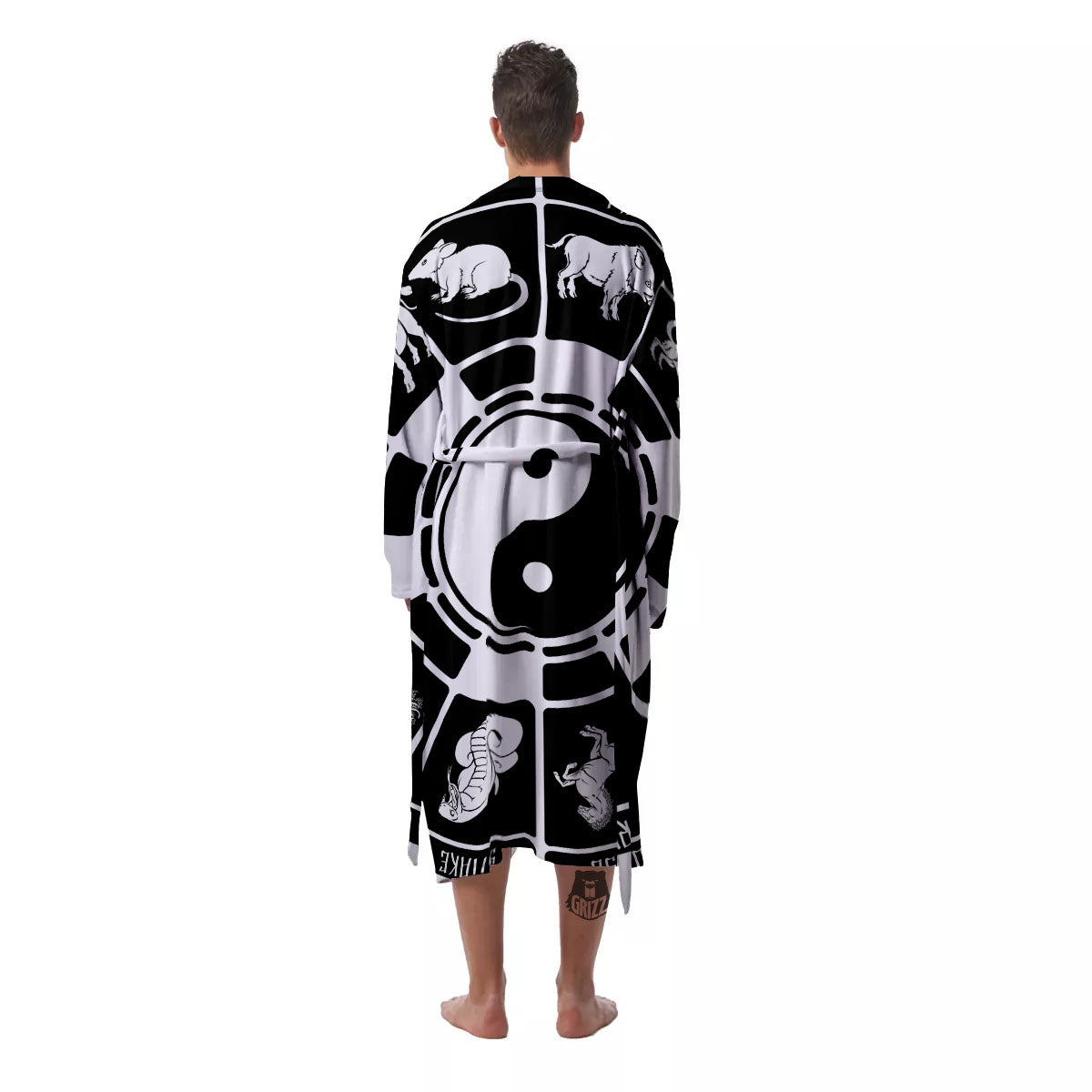 Chinese Zodiac White And Black Print Men's Robe-grizzshop
