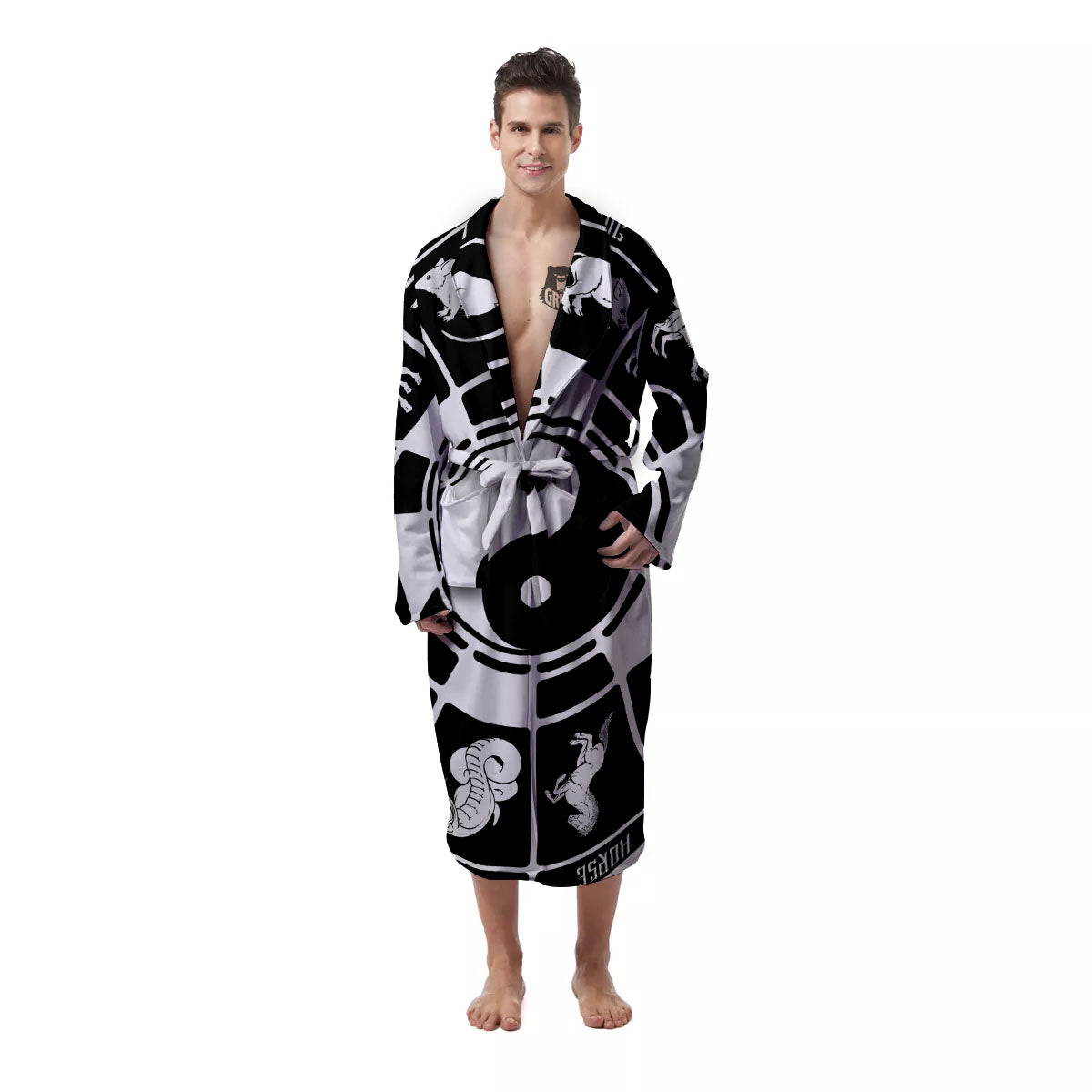 Chinese Zodiac White And Black Print Men's Robe-grizzshop