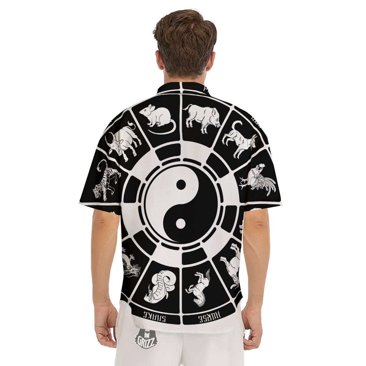 Chinese Zodiac White And Black Print Men's Short Sleeve Shirts-grizzshop