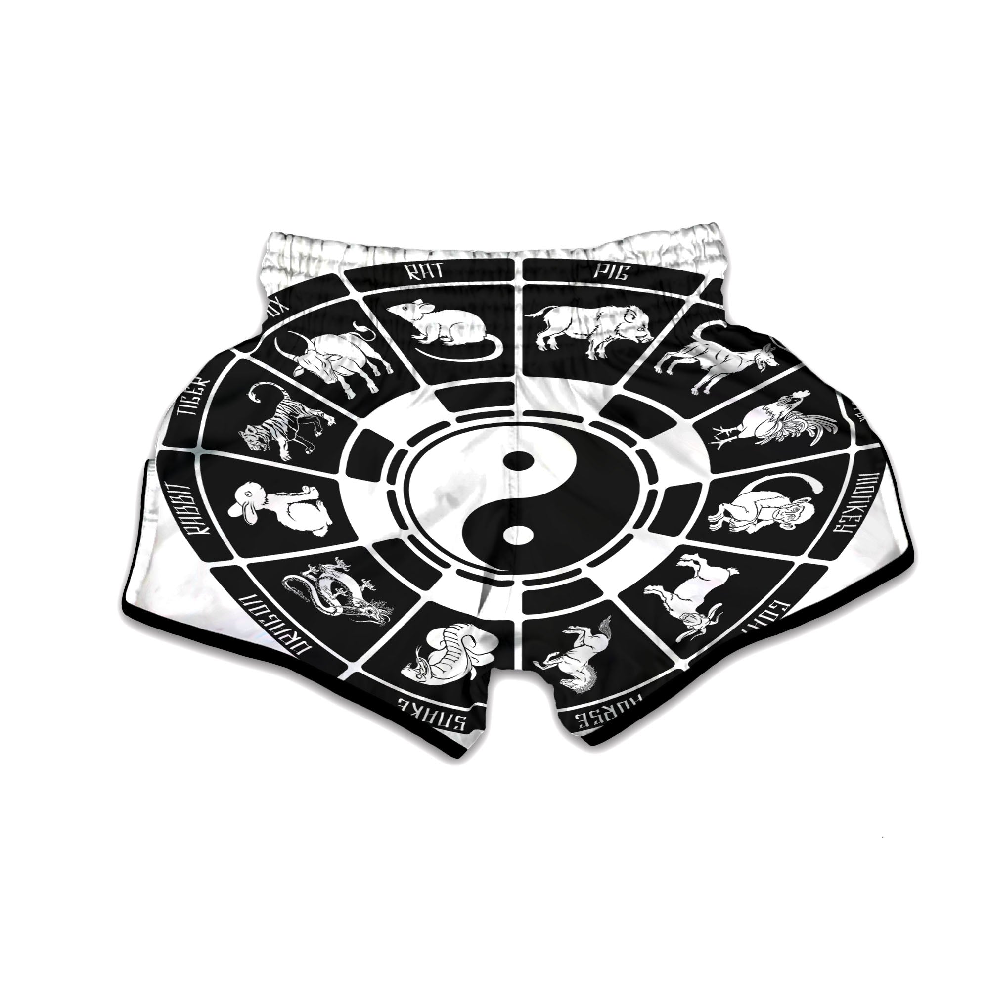 Chinese Zodiac White And Black Print Muay Thai Boxing Shorts-grizzshop