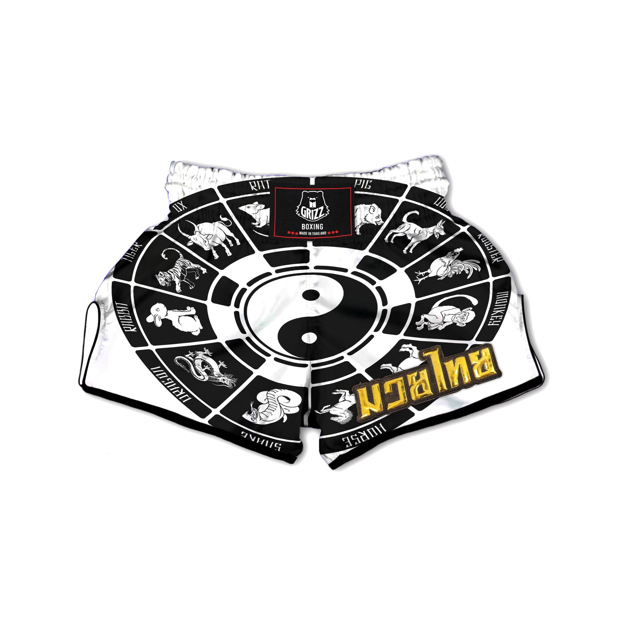 Chinese Zodiac White And Black Print Muay Thai Boxing Shorts-grizzshop