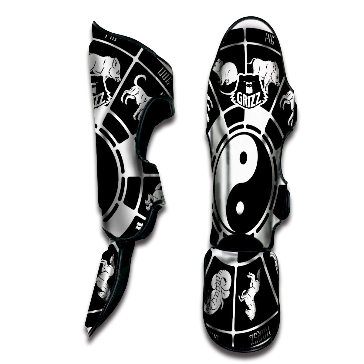 Chinese Zodiac White And Black Print Muay Thai Shin Guards-grizzshop