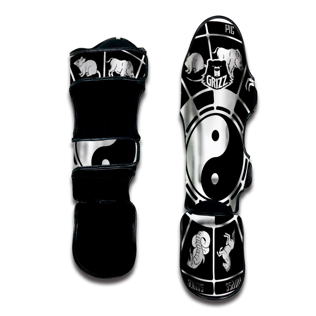 Chinese Zodiac White And Black Print Muay Thai Shin Guards-grizzshop