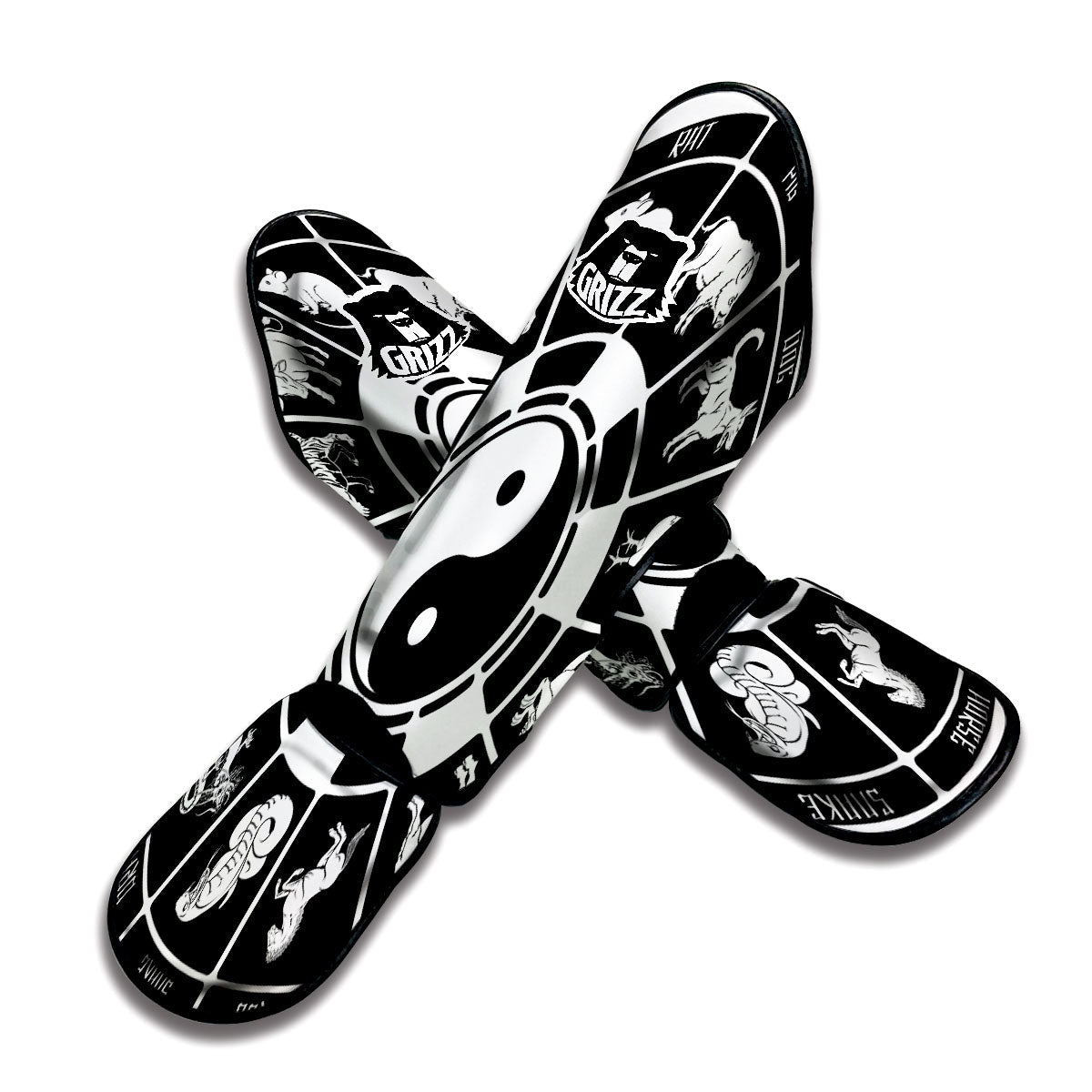 Chinese Zodiac White And Black Print Muay Thai Shin Guards-grizzshop