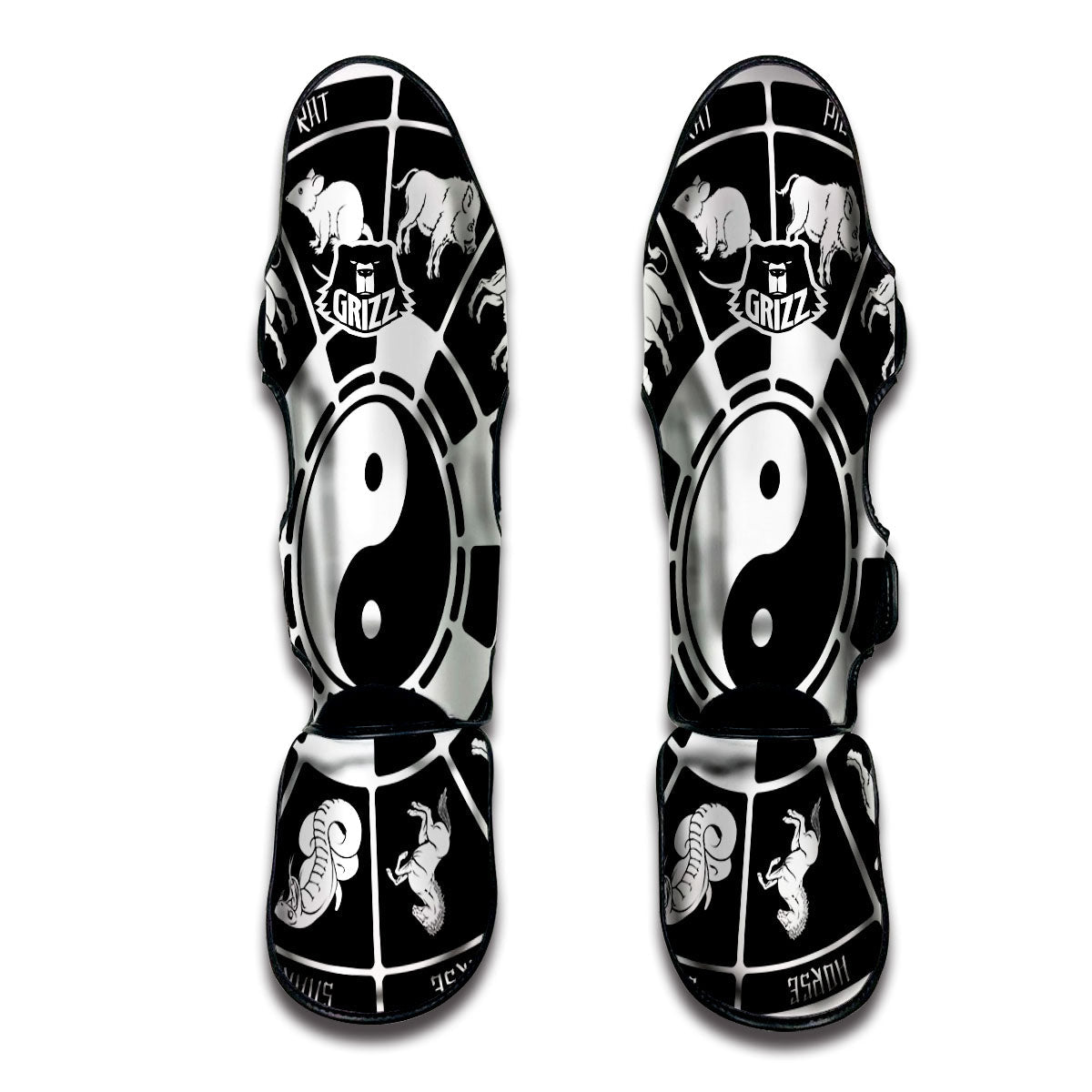 Chinese Zodiac White And Black Print Muay Thai Shin Guards-grizzshop