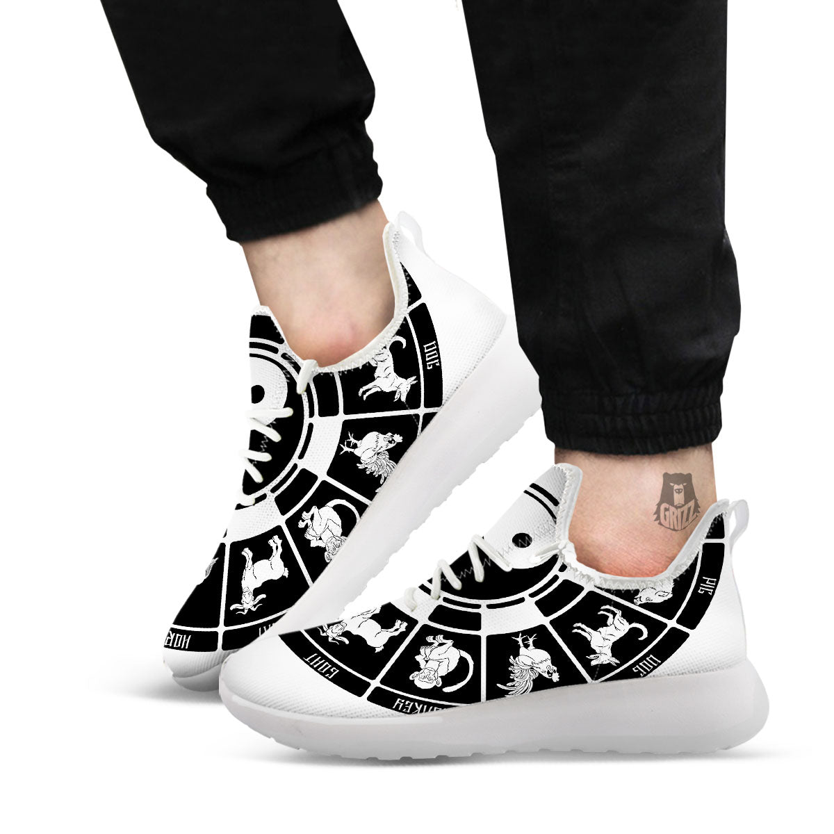 Chinese Zodiac White And Black Print White Athletic Shoes-grizzshop