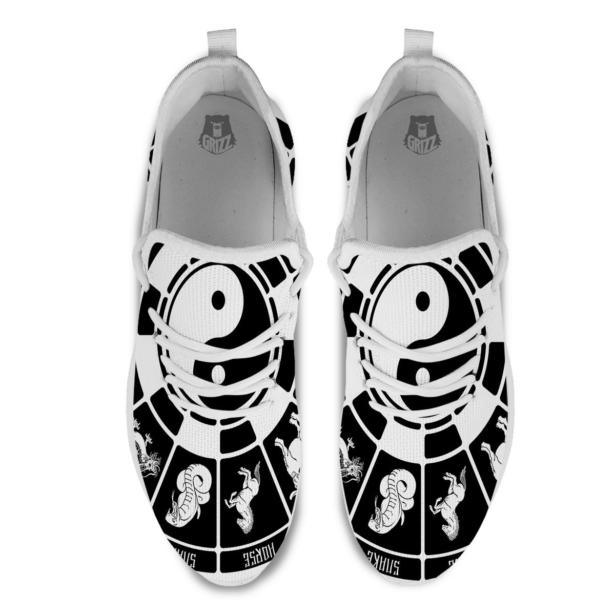 Chinese Zodiac White And Black Print White Athletic Shoes-grizzshop