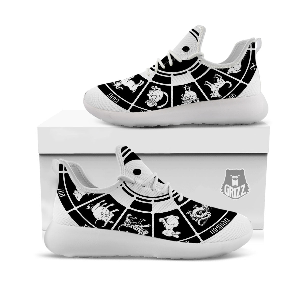 Chinese Zodiac White And Black Print White Athletic Shoes-grizzshop