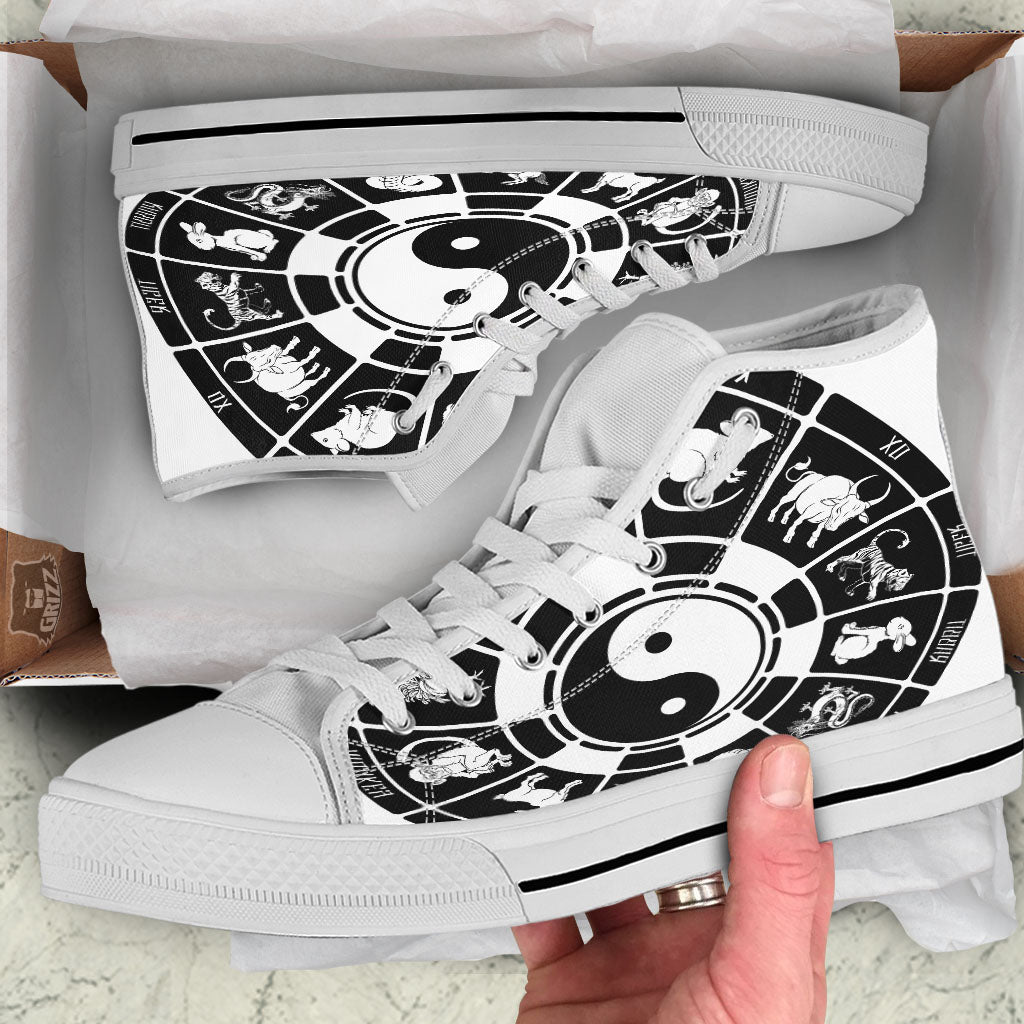 Chinese Zodiac White And Black Print White High Top Shoes-grizzshop