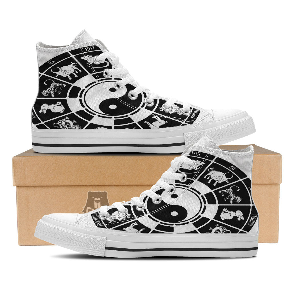 Chinese Zodiac White And Black Print White High Top Shoes-grizzshop
